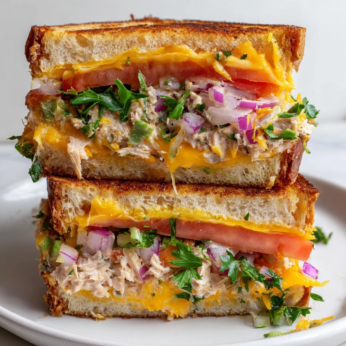 Golden-brown sourdough slices encase spicy tuna salad and melted cheddar, highlighting the gooey cheese pull in this Spicy Tuna Melt.  