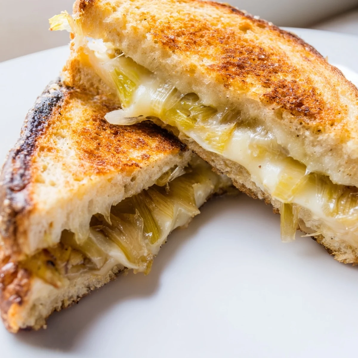 A close-up of a warm Havarti & Caramelized Leek Grilled Cheese highlights buttery bread and sweet, tender leeks inside.