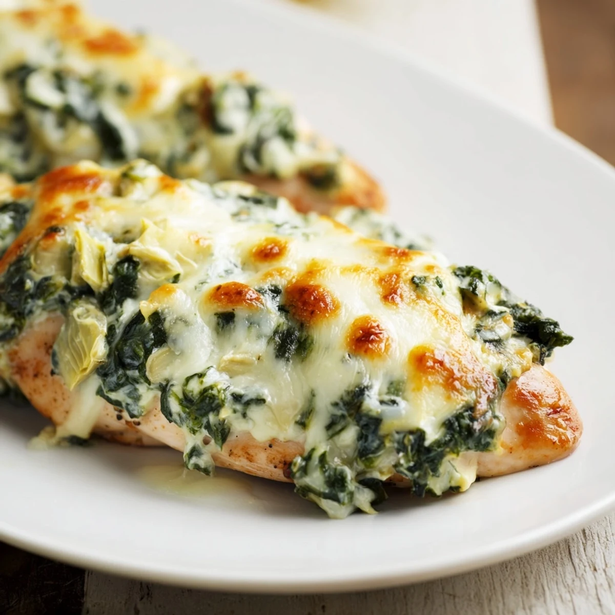 Golden-brown Spinach & Artichoke Chicken Bake emerges from the oven with a bubbly, creamy topping on tender breasts.  