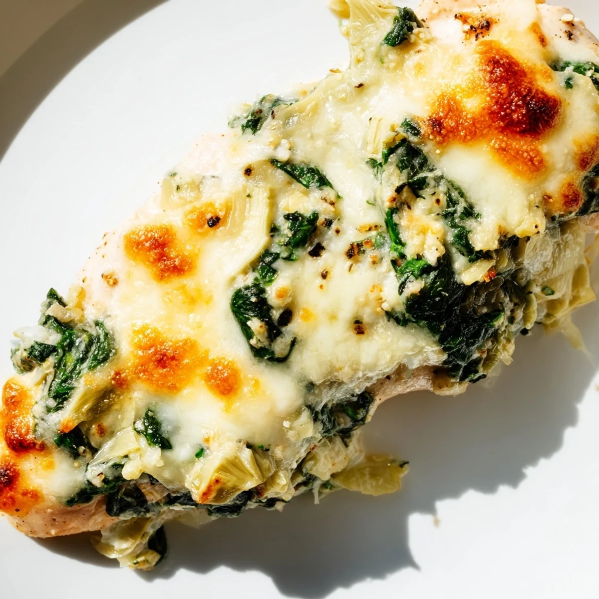 A golden, cheesy Spinach & Artichoke Chicken Bake rests in a baking dish, garnished with fresh parsley.
