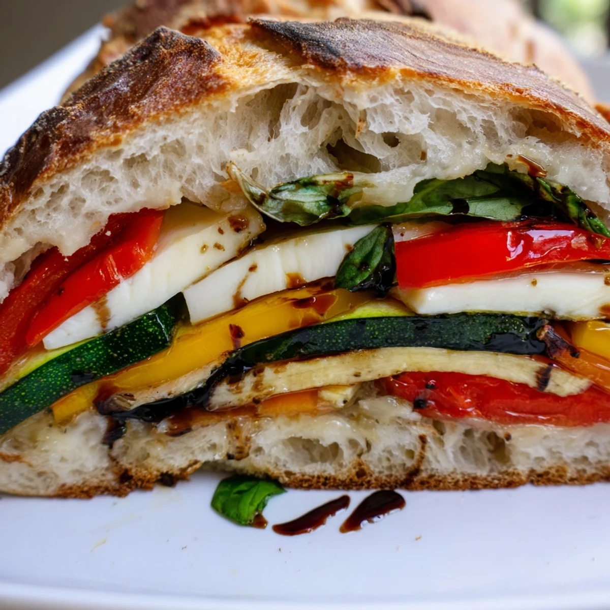 Fresh tomato slices and basil layered with roasted zucchini and peppers in this Roasted Veggie Caprese Grilled Cheese.