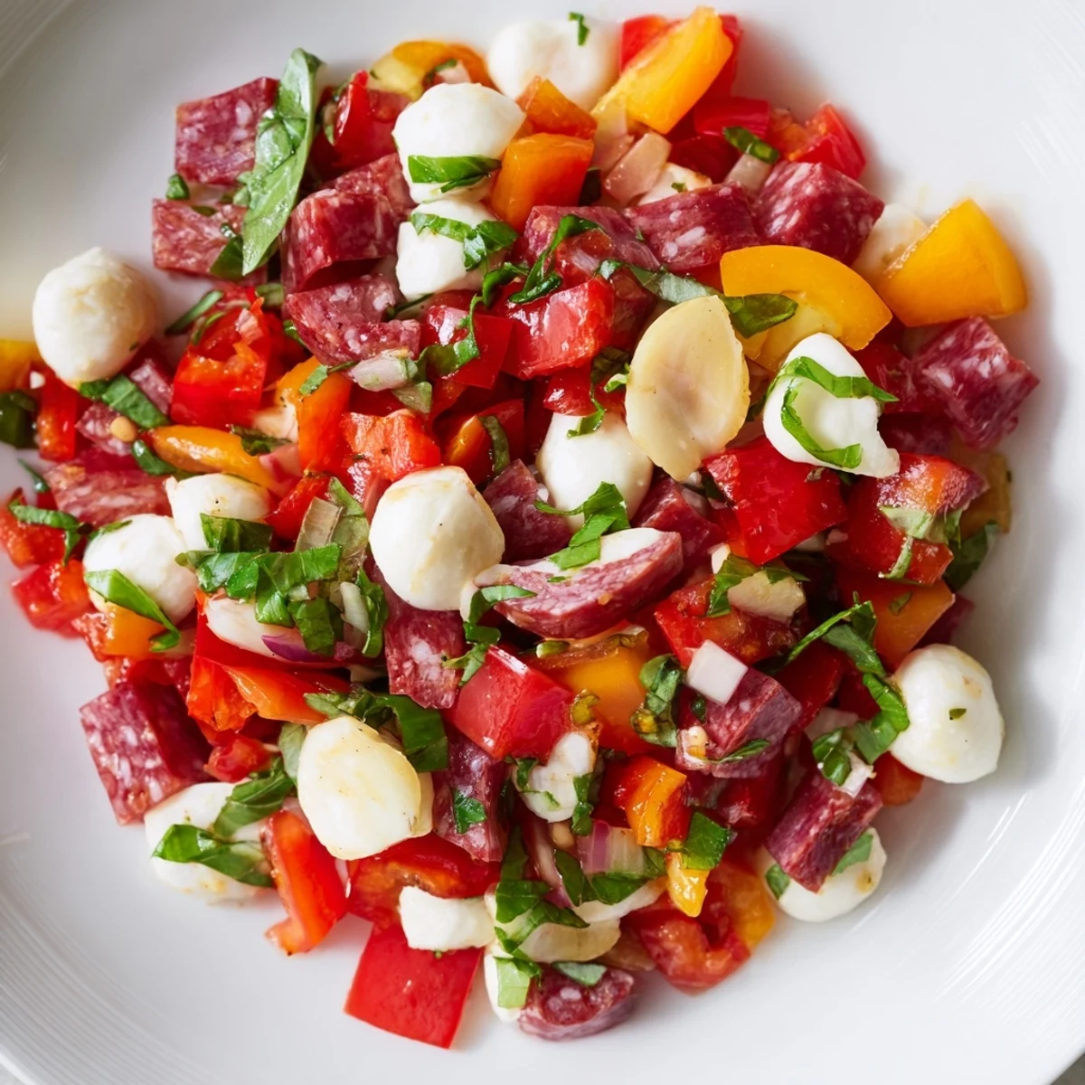 Bright Italian-inspired Crunchy Antipasto Chopped Salad with pepperoncini, olives, tomatoes, and cucumbers, garnished with fresh parsley and basil on a rustic table.