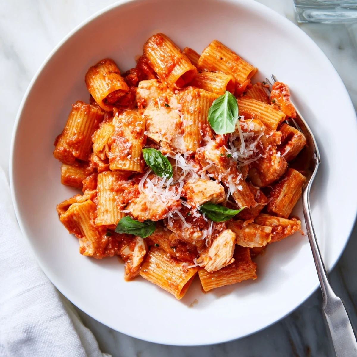 Bright, steamy Tomato Basil Chicken Pasta served in a white bowl with melted Parmesan cheese and a sprinkle of red pepper flakes.