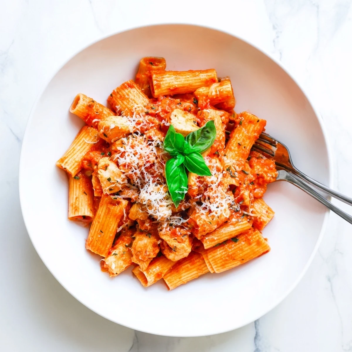 A close-up of Tomato Basil Chicken Pasta with juicy chicken, penne pasta, and fresh basil garnish on a rustic wooden table.