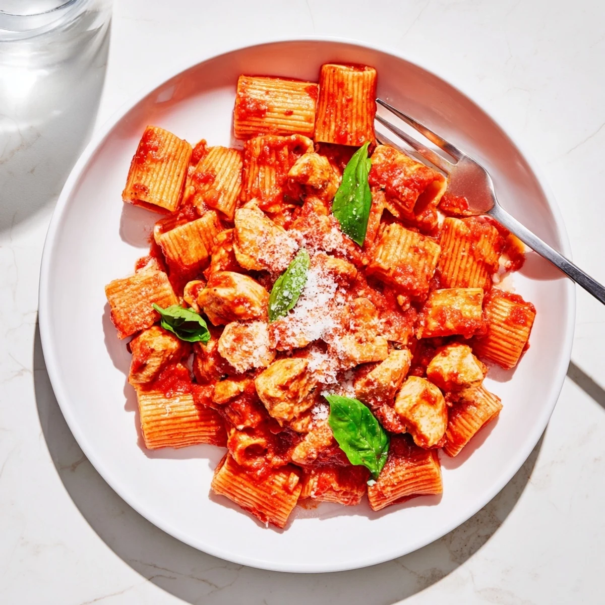 Overhead view of vibrant Tomato Basil Chicken Pasta, featuring diced tomatoes, basil leaves, and golden chicken pieces tossed in a skillet.