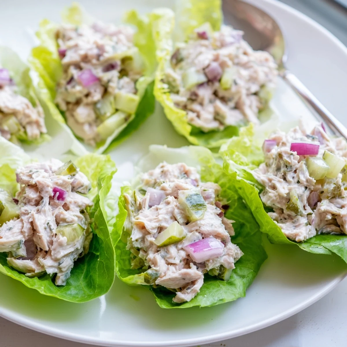 Tangy dill pickle chicken salad in crisp butter lettuce cups, topped with fresh dill.