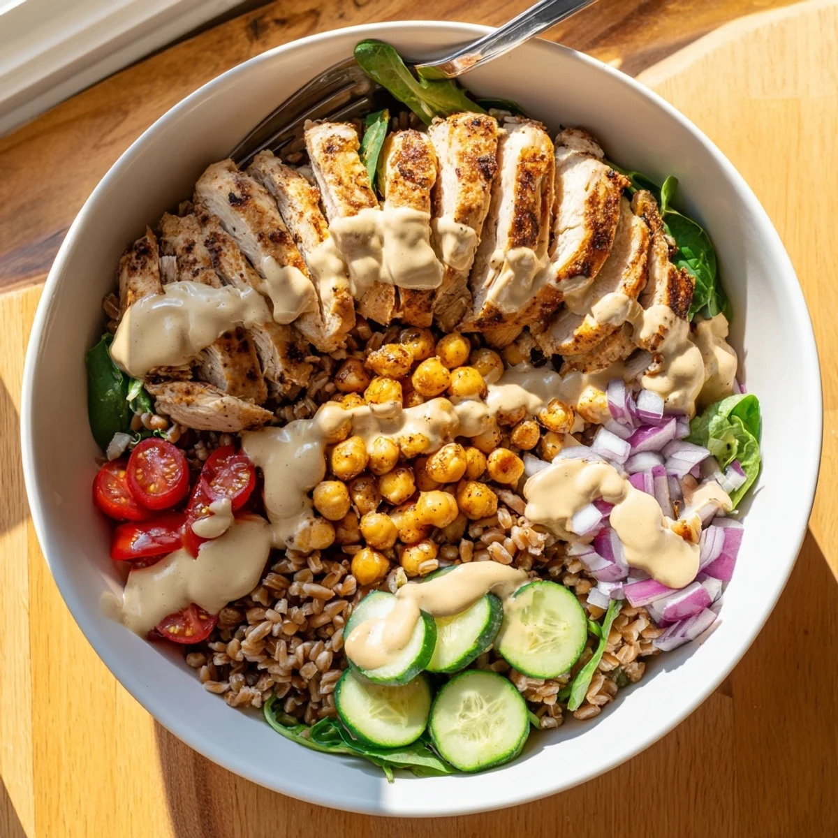 Juicy roasted chicken and crispy chickpeas in a vibrant Lemon Tahini Chicken Power Bowl with fresh greens and farro.