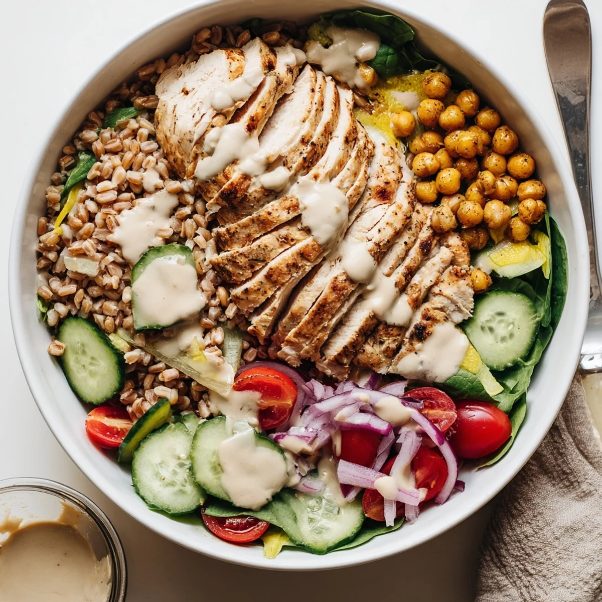 Warm Lemon Tahini Chicken Power Bowl with roasted chicken, crisp cucumbers, tomatoes, and golden chickpeas on a bed of greens.