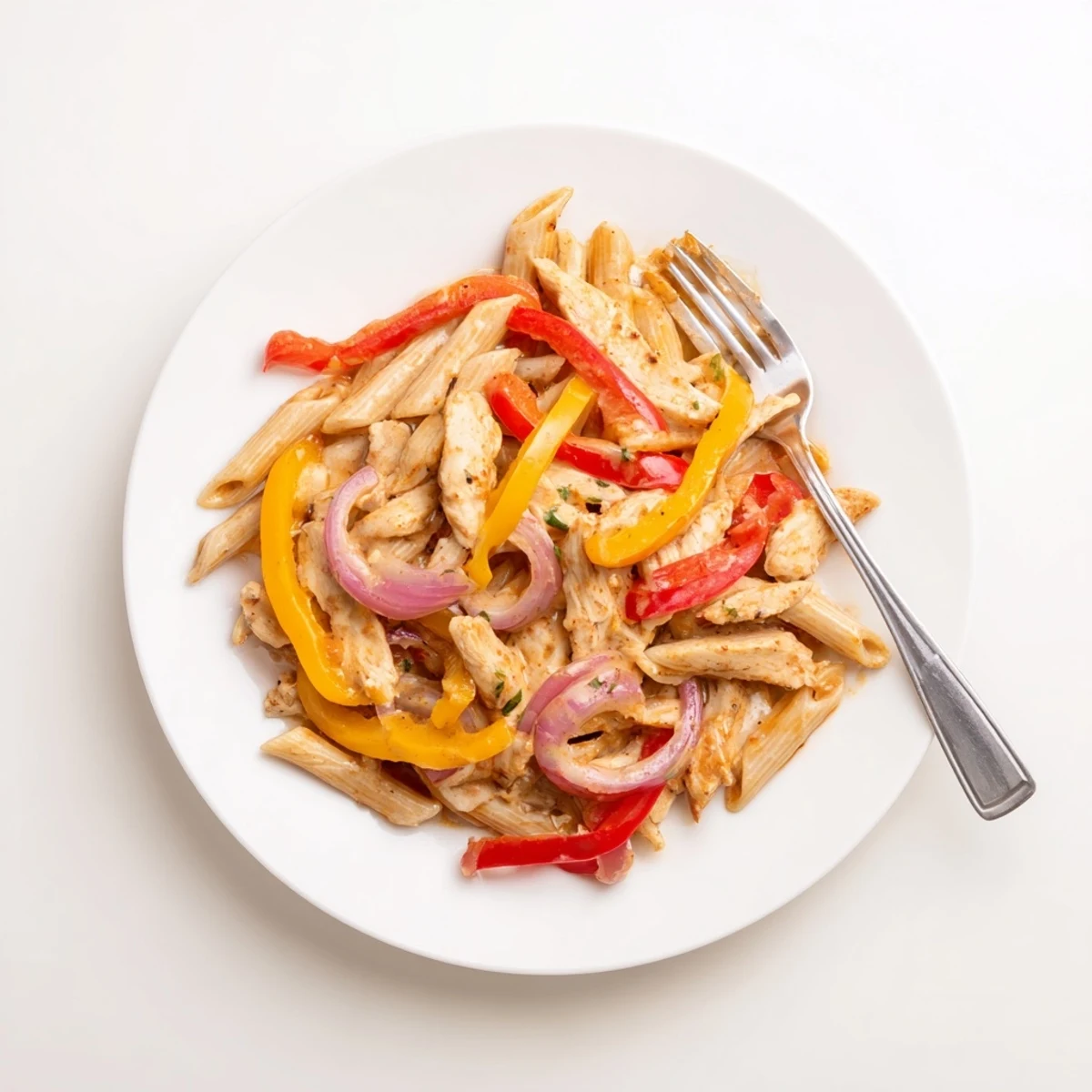 A steaming plate of Creamy Cajun Chicken Pasta Lite garnished with fresh parsley and lemon zest.