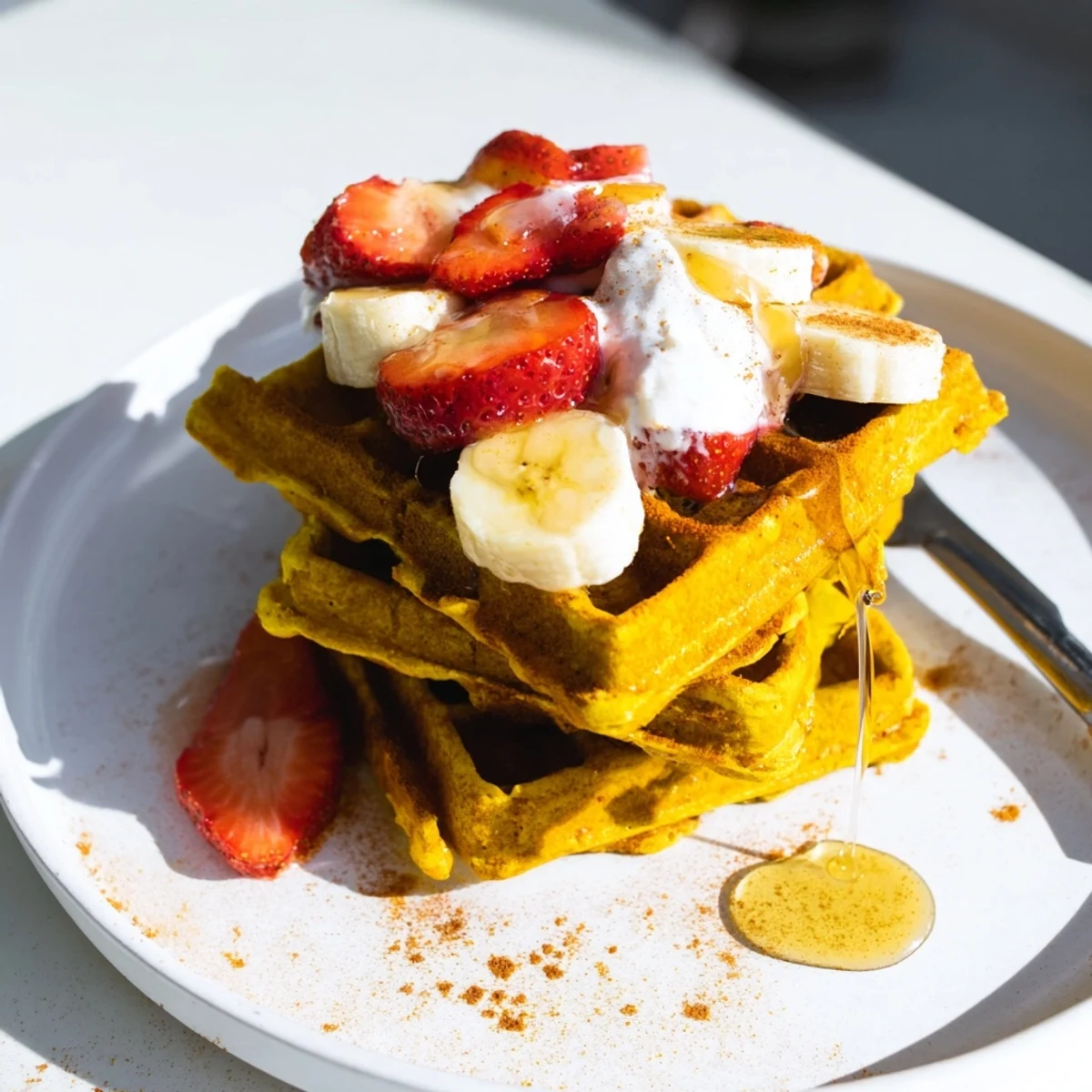 Golden, fluffy Anti-Inflammatory Adaptogenic Turmeric Waffles topped with fresh berries and a honey drizzle.  