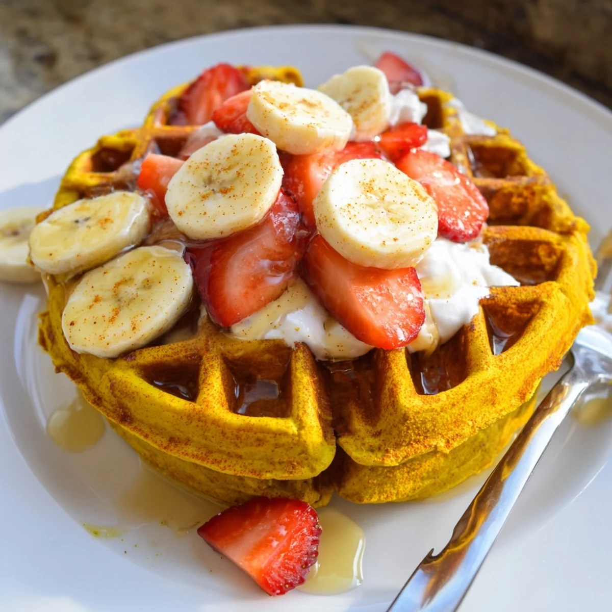Vibrant yellow Anti-Inflammatory Adaptogenic Turmeric Waffles served warm with coconut yogurt and sliced banana.  
