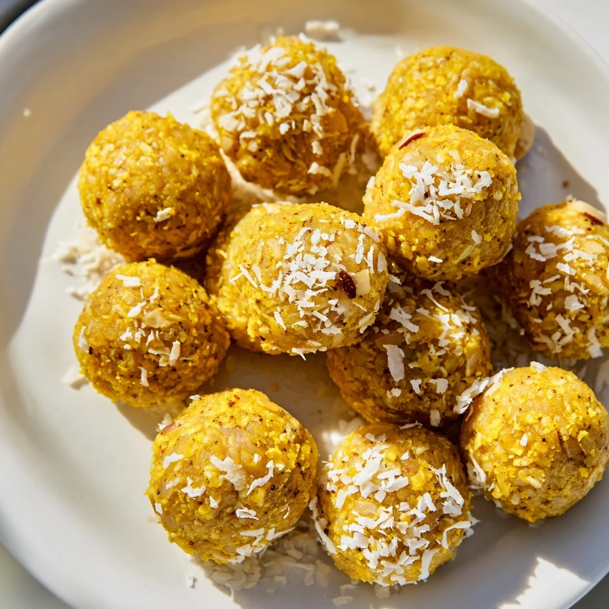 A close-up of homemade Ginger Turmeric Energy Balls rolled in shredded coconut on a marble surface.