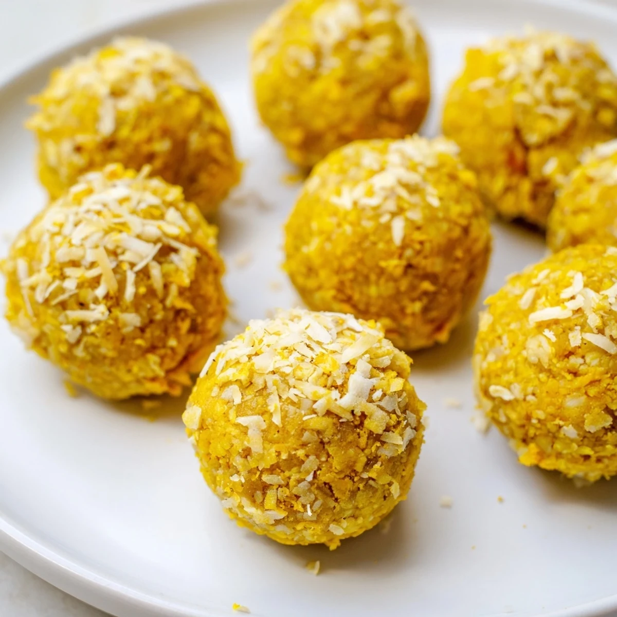 A hand holding a vibrant Ginger Turmeric Energy Ball, revealing its chewy texture and golden turmeric hue.