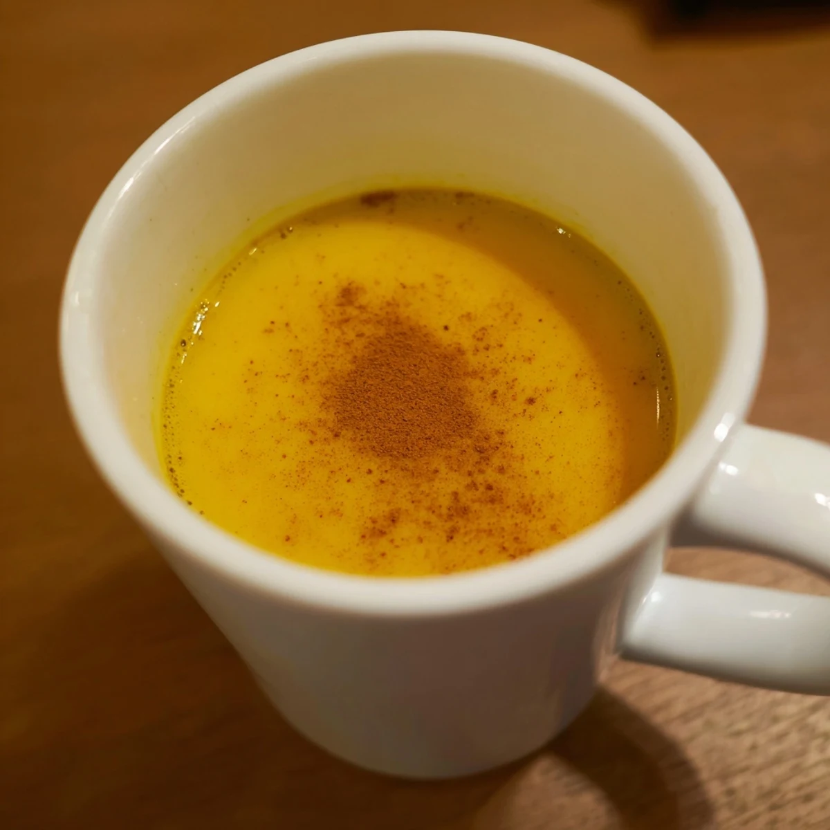 A close-up of vibrant turmeric and ginger golden milk in a ceramic mug, garnished with a cinnamon stick for warmth.  