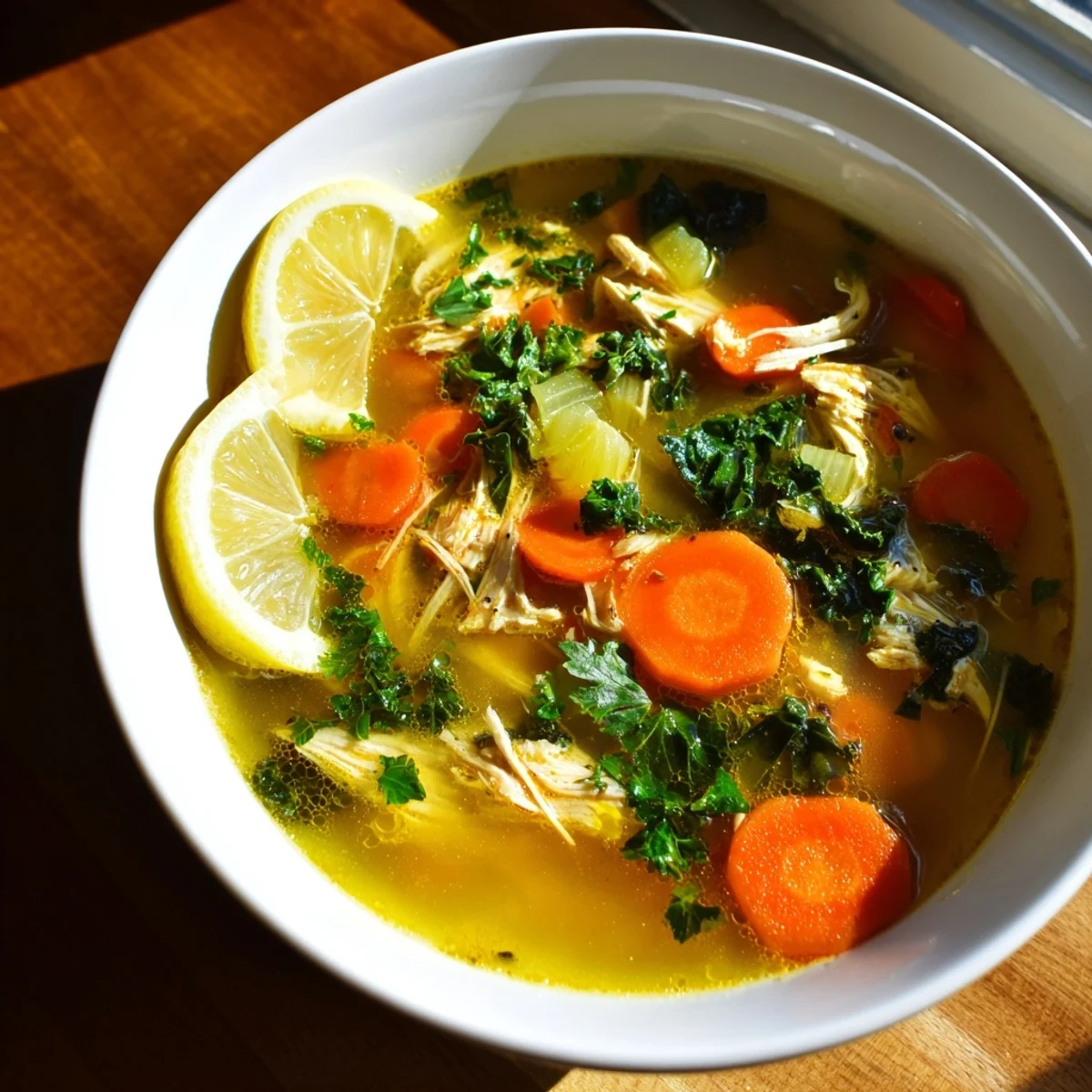 Rustic serving of High Protein Lemon and Turmeric Chicken Soup in a ceramic bowl, with a lemon wedge and fresh parsley on the side.
