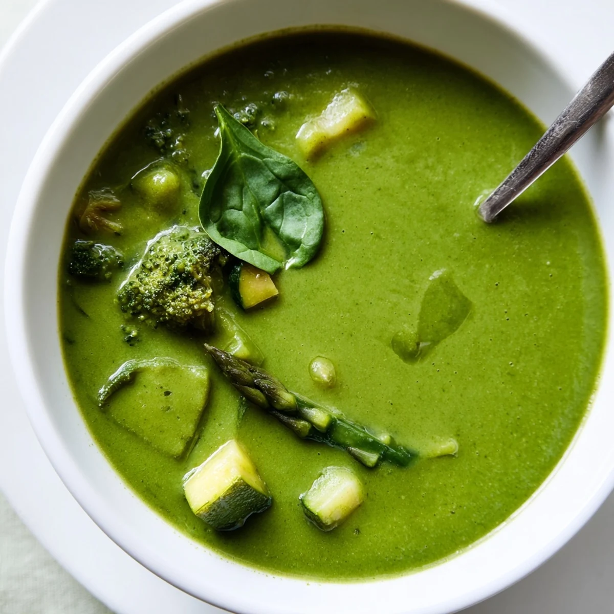 A bowl of creamy green vegetable soup with fresh spinach and tender asparagus, ready to enjoy.