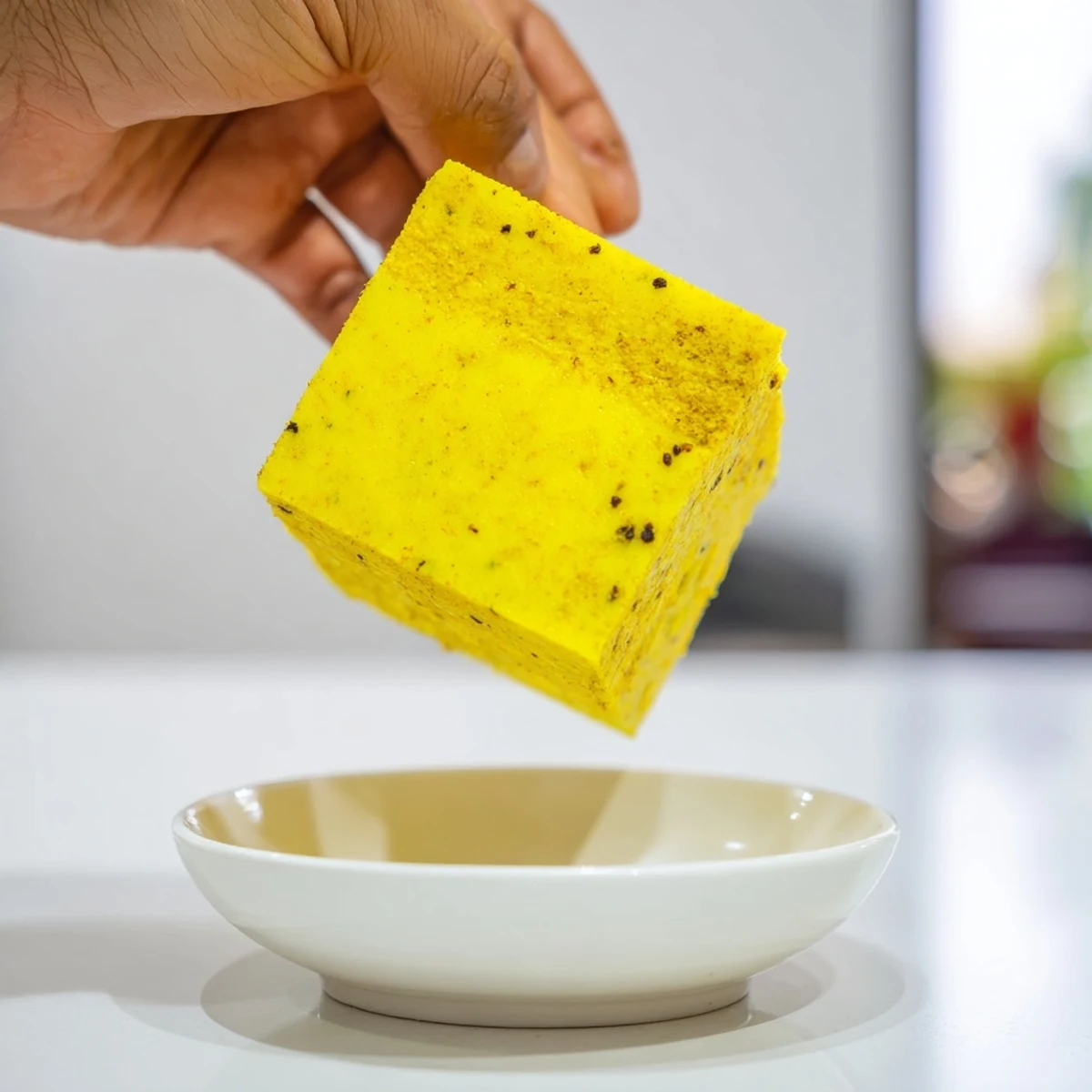 Bright yellow wellness cubes made from fresh lemon, ginger, and turmeric, glistening with a hint of black pepper and honey.