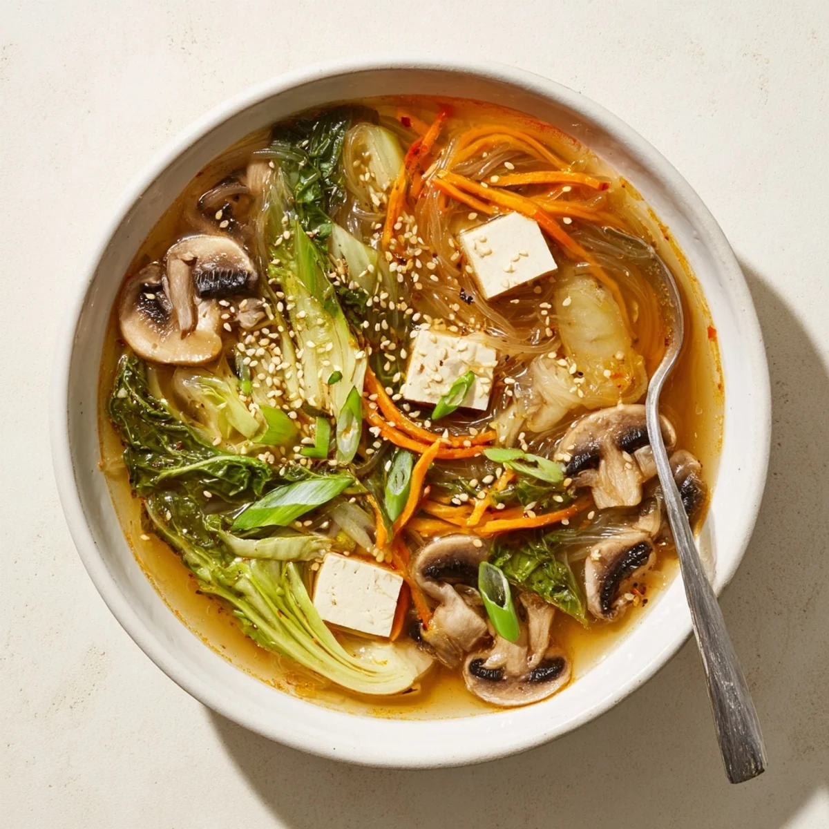 A close-up of vibrant Ginger-Miso Winter Soup featuring julienned carrots and fresh herbs.