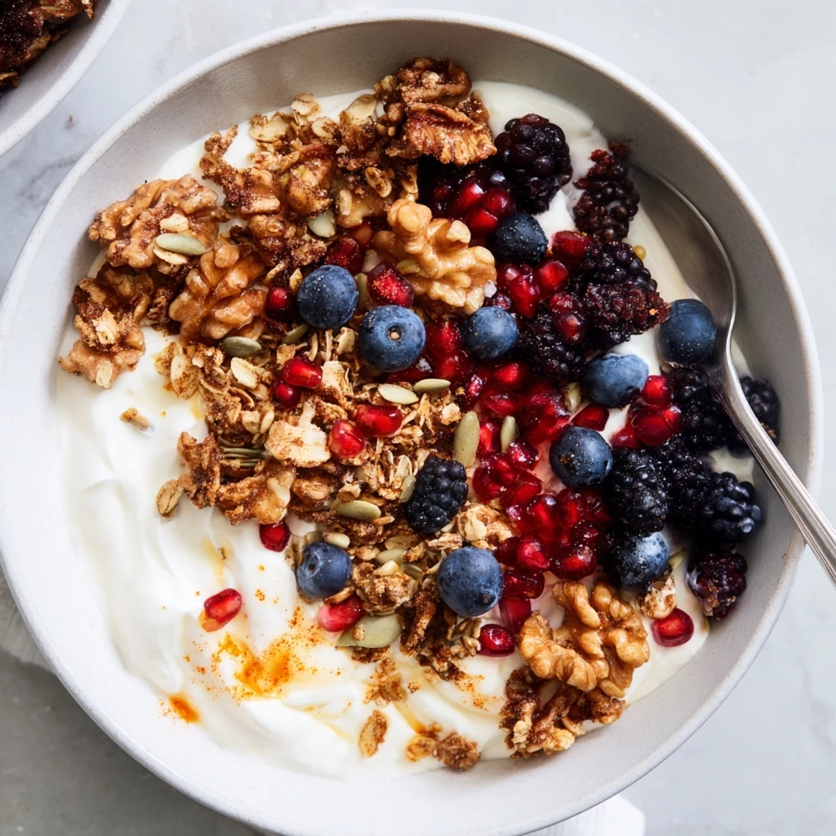 Morning light highlights the Yogurt Bowl with Winter Berries and Spiced Crunch, ready to enjoy with a drizzle of honey and tea.  