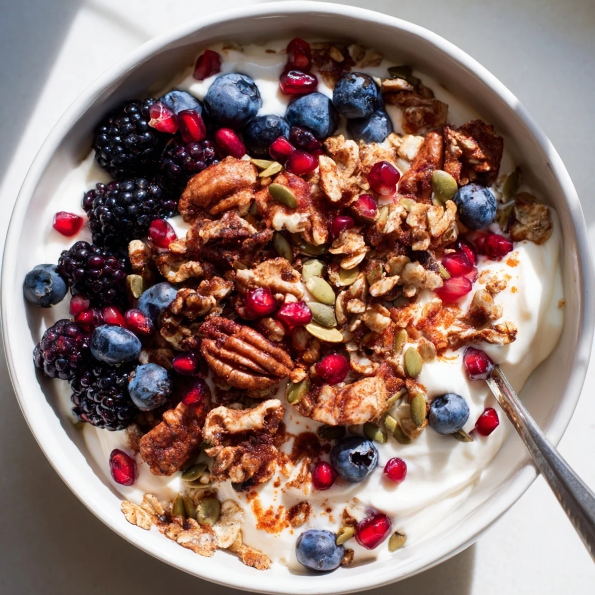 Close-up of a chilled Yogurt Bowl with Winter Berries and Spiced Crunch, layered with blackberries, pomegranate seeds, and crunchy nuts.