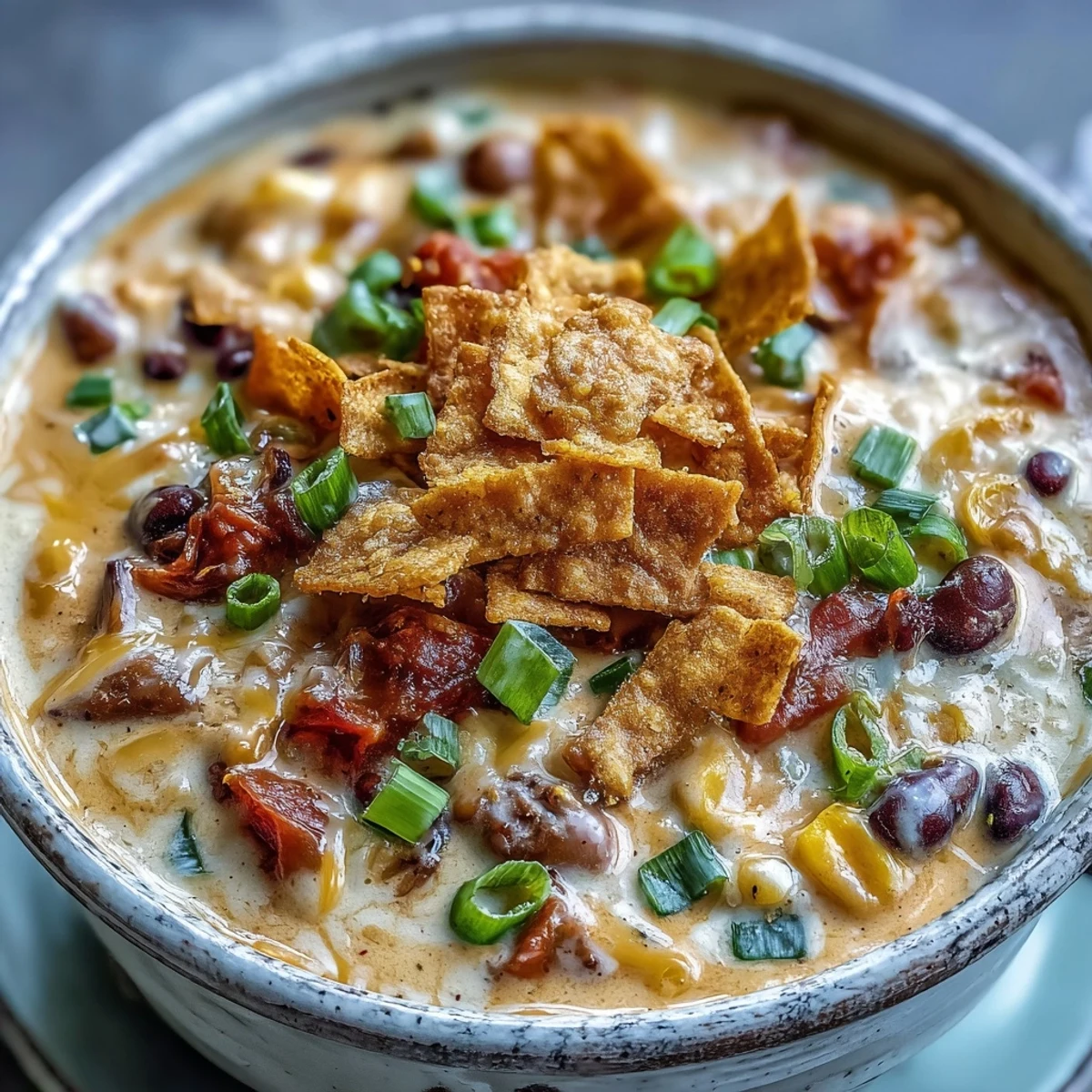 Creamy Taco Soup in a rustic bowl, garnished with shredded cheddar, sliced green onions, and a lime wedge, served with crushed tortilla chips.