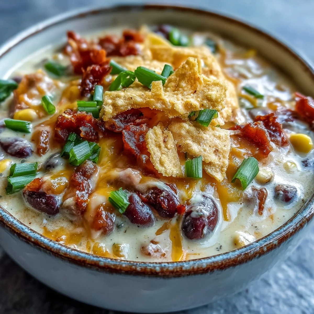 Steaming bowl of Creamy Taco Soup, featuring ground beef, black beans, and corn in a rich, creamy broth, topped with melted cheese.