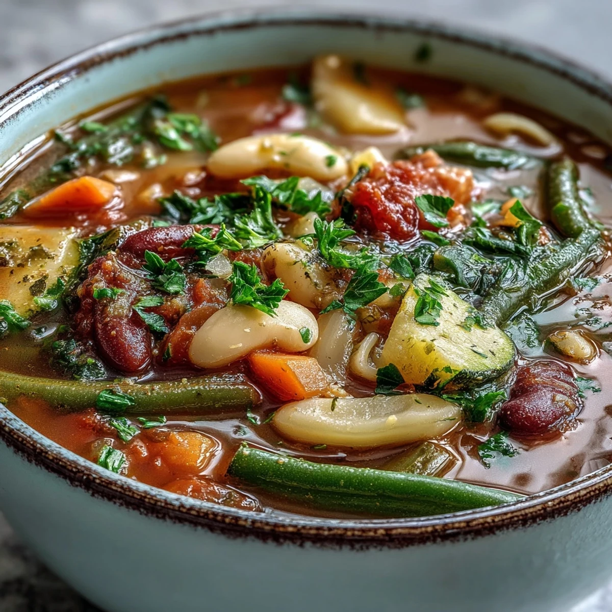 Hearty Minestrone Soup served hot in a rustic bowl, with crusty bread on the side for dipping.