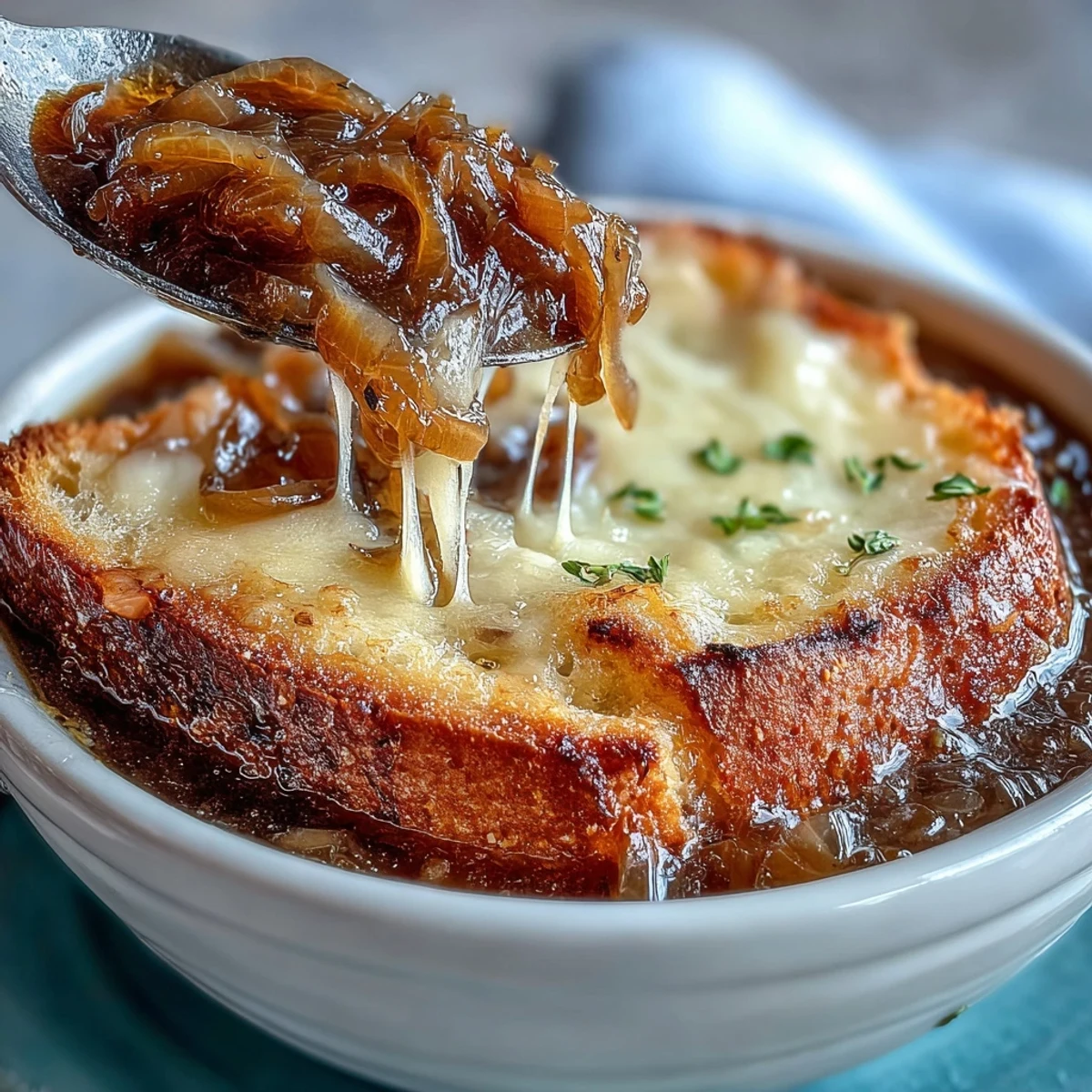 Golden, bubbly Gruyère topping melts over a bowl of Dutch Oven French Onion Soup.