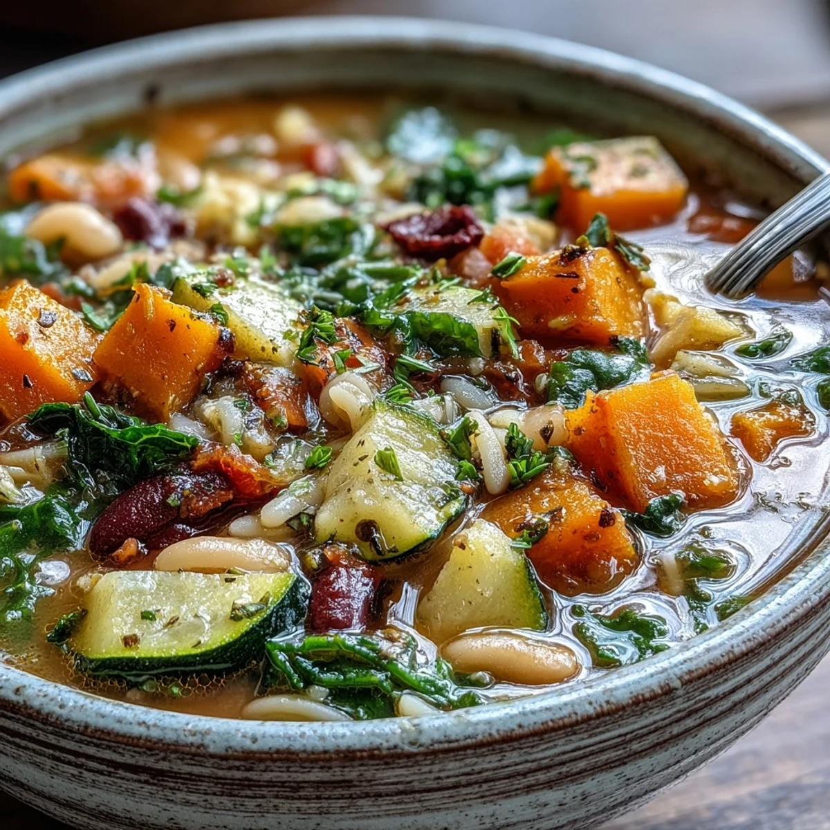 Healthy vegetarian Winter Minestrone Soup served in a deep dish, ready to be enjoyed with a spoon resting beside it.