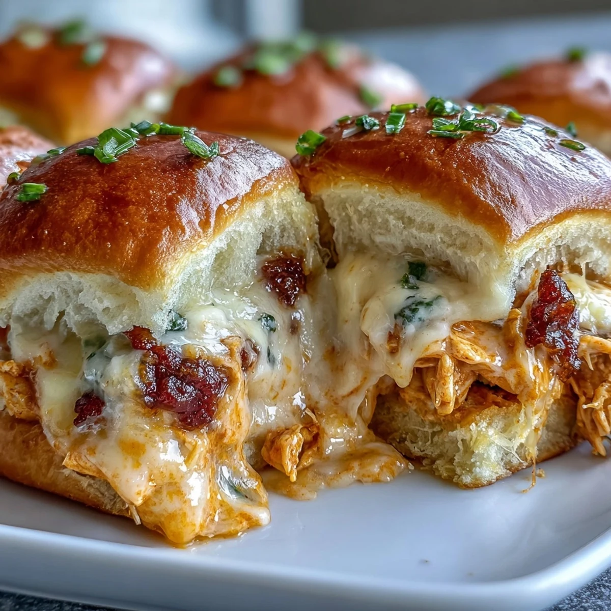 Freshly baked Pizza Dip Sliders with melted cheese pull, brushed with garlic butter and sprinkled with chopped green onions.