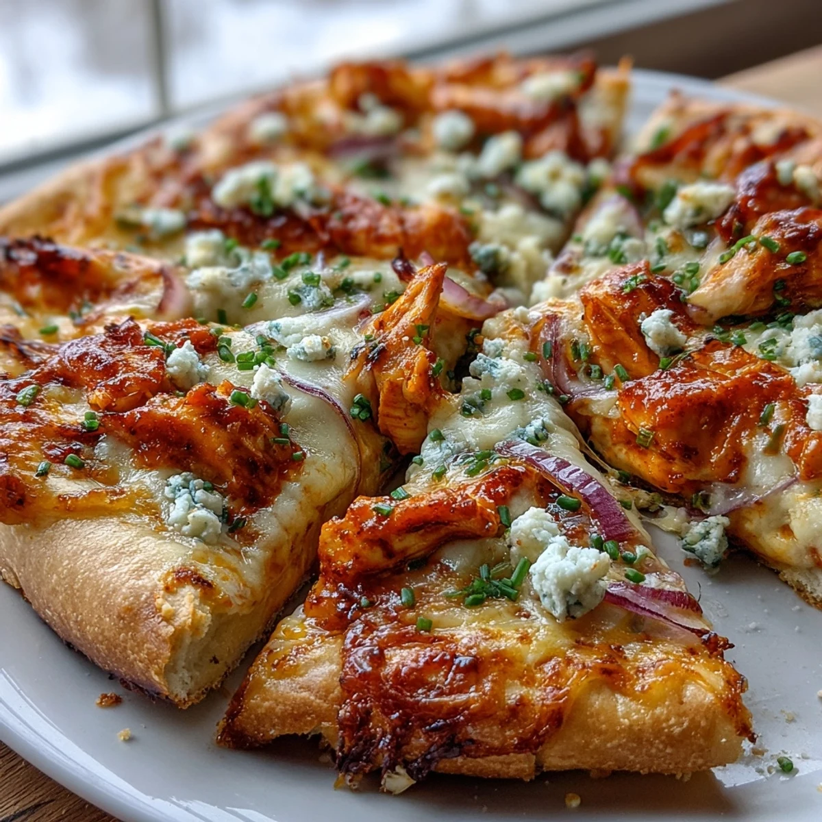 Golden-brown Buffalo Chicken Pizza fresh from the oven, topped with melted mozzarella, crumbled blue cheese, red onion, and fresh chives.
