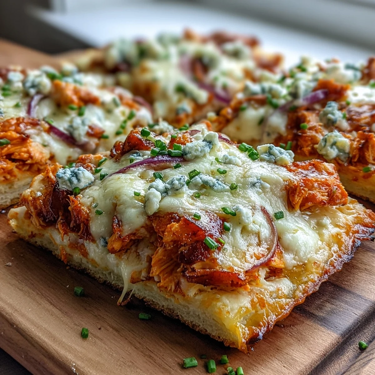 A bubbling Buffalo Chicken Pizza slice held up, showcasing gooey cheese pull and spicy red buffalo chicken chunks on a crispy crust.