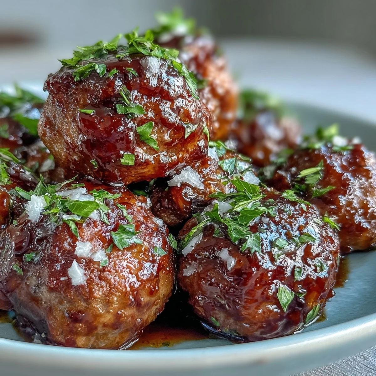 Golden brown Slow Cooker Peach Glazed Meatballs in a bubbling sweet chili sauce, served with toothpicks.