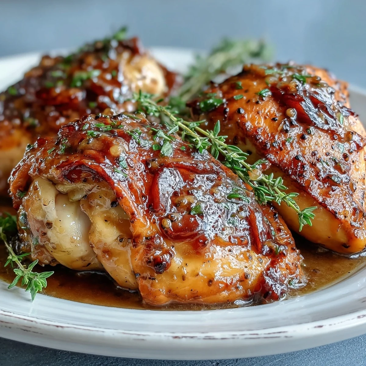 A slow cooker holds golden-brown chicken breasts coated in a velvety honey mustard sauce, garnished with fresh parsley.