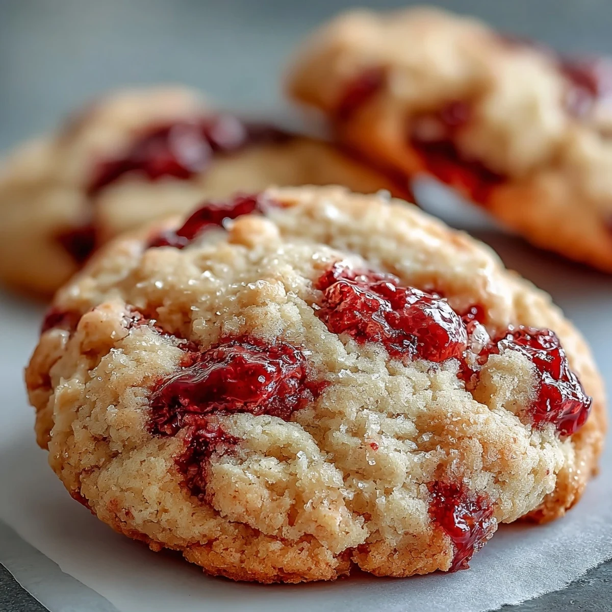 A close-up of Soft Chewy Raspberry Sugar Cookies with a sparkly sugar crust and visible berry pieces on a baking sheet.