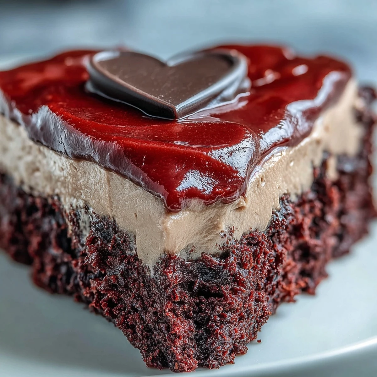 Freshly baked Red Betty Boop Heart Cake with vibrant red crumb and dark chocolate silhouette on a white plate. 