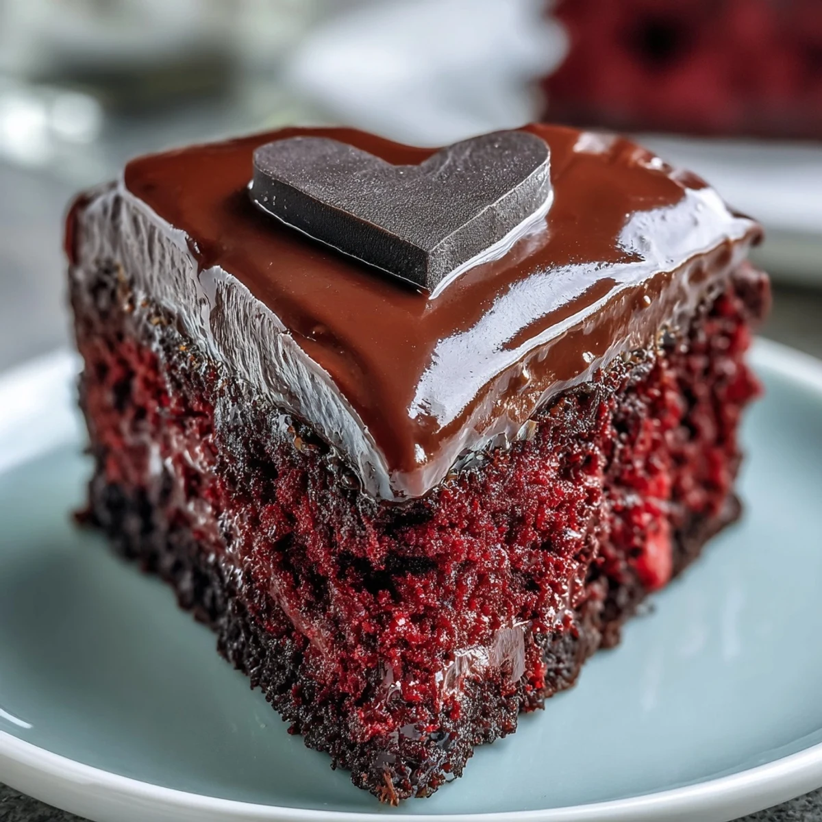 Red Betty Boop Heart Cake decorated with piped frosting swirls and a crisp chocolate heart on a wooden board.