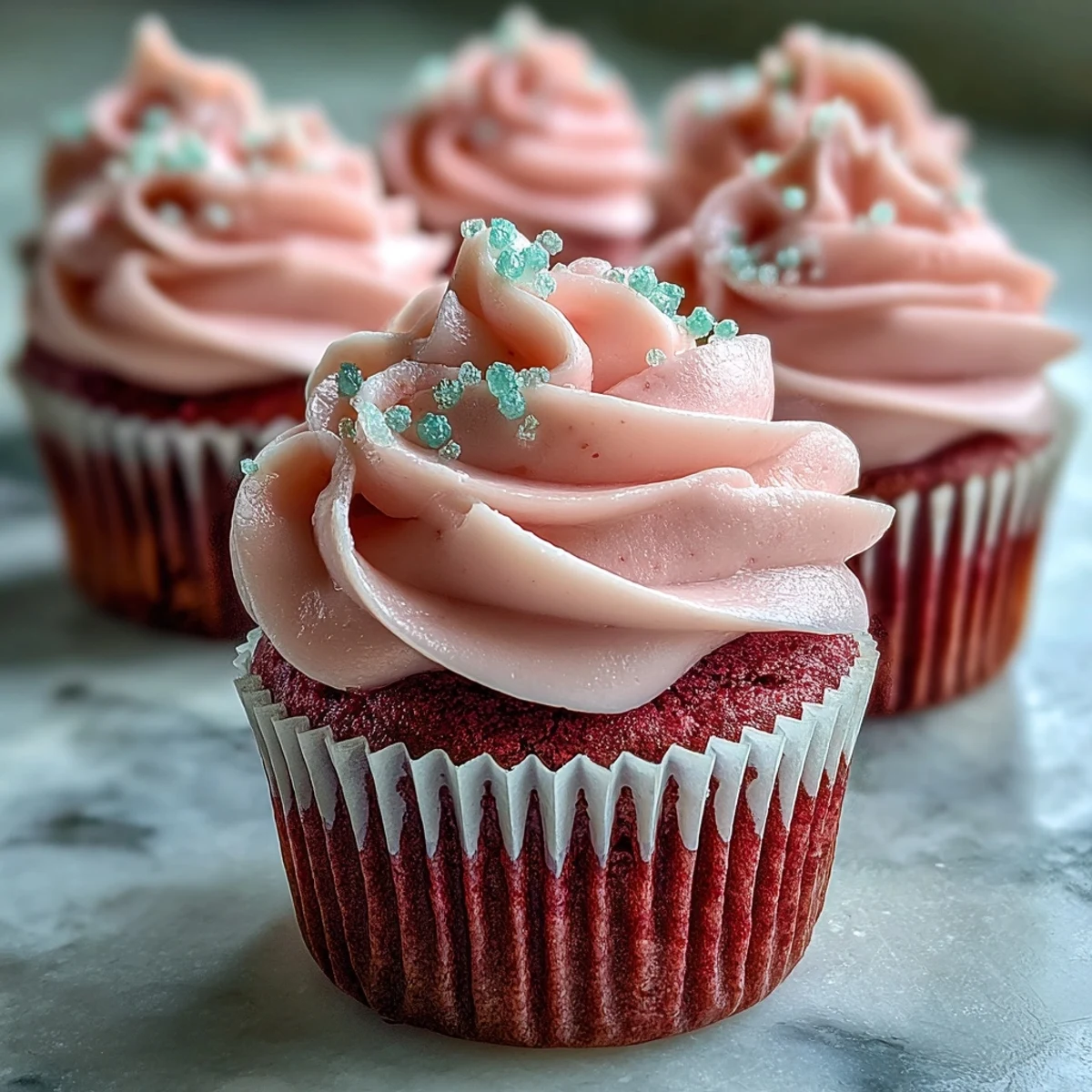 Freshly baked Pink Velvet Cupcakes with creamy vanilla buttercream, garnished with edible pearls and served on a platter.