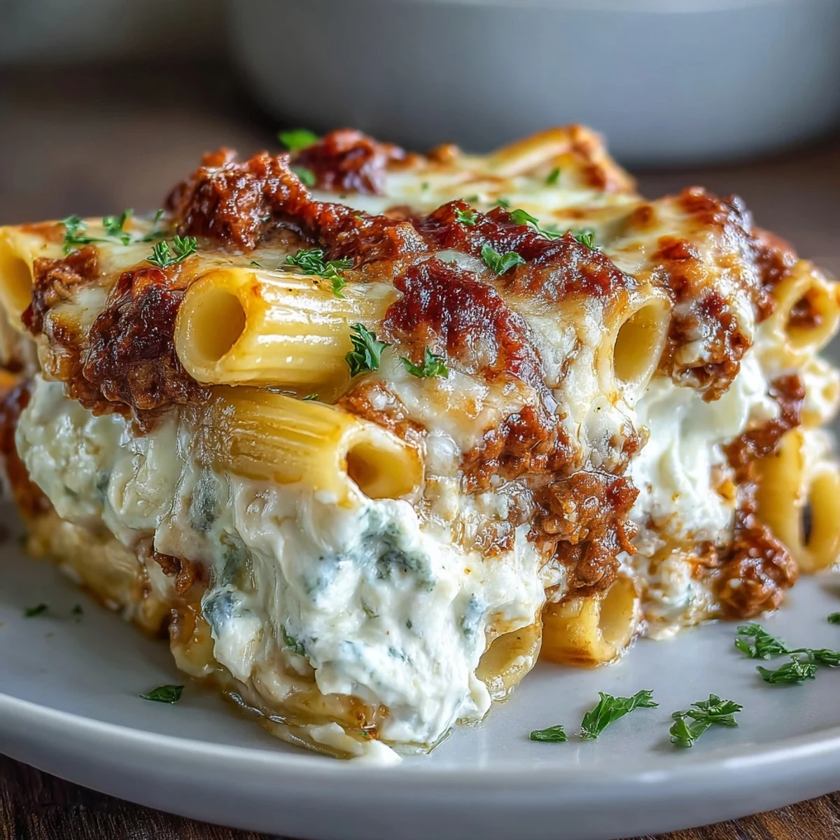Close-up of Cottage Cheese Protein Pasta Bake with Ground Beef, showcasing golden, bubbling mozzarella and creamy ricotta-like cottage cheese in a hearty tomato sauce.