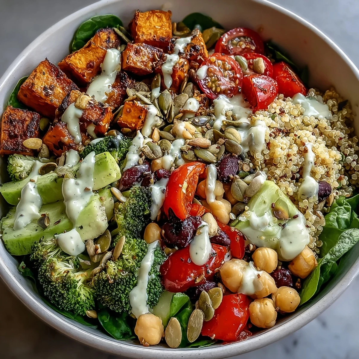 Overhead view of the Meal Prep Week-Long Power Bowl with roasted sweet potatoes, fresh greens, and a creamy tahini dressing.