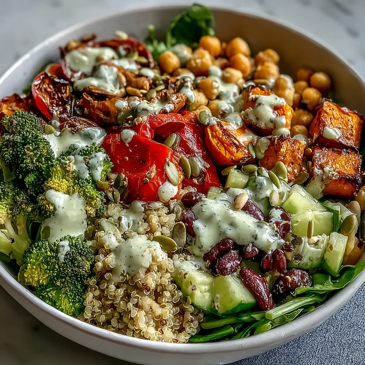 Close-up of a nutritious Meal Prep Week-Long Power Bowl drizzled with zesty lemon tahini sauce.