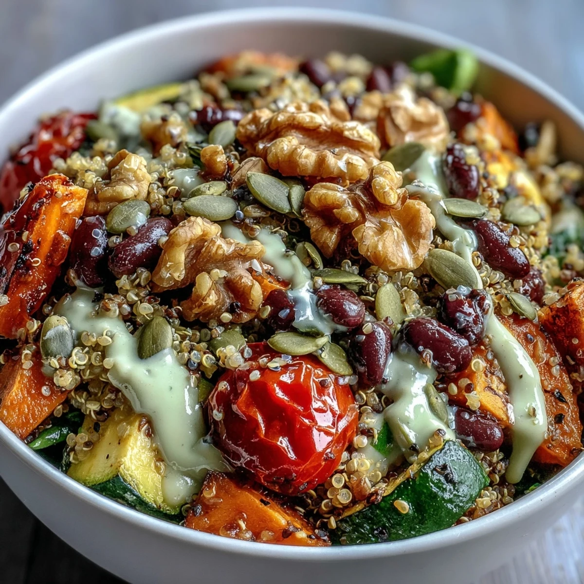 A colorful Veggie and Quinoa Power Bowl with black beans, fresh tomatoes, and pumpkin seeds, ready to serve as a healthy vegetarian dinner.