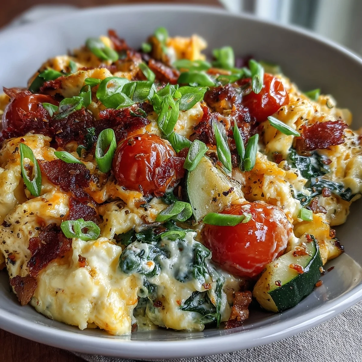Quick 20-minute Scrambled Egg and Veggie Bowl with vibrant red bell pepper, zucchini, and soft scrambled eggs, served warm.