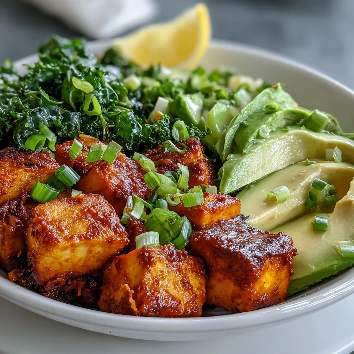 Golden crispy turmeric tofu and sautéed kale are topped with creamy avocado slices and green onions for a vegan protein breakfast. 