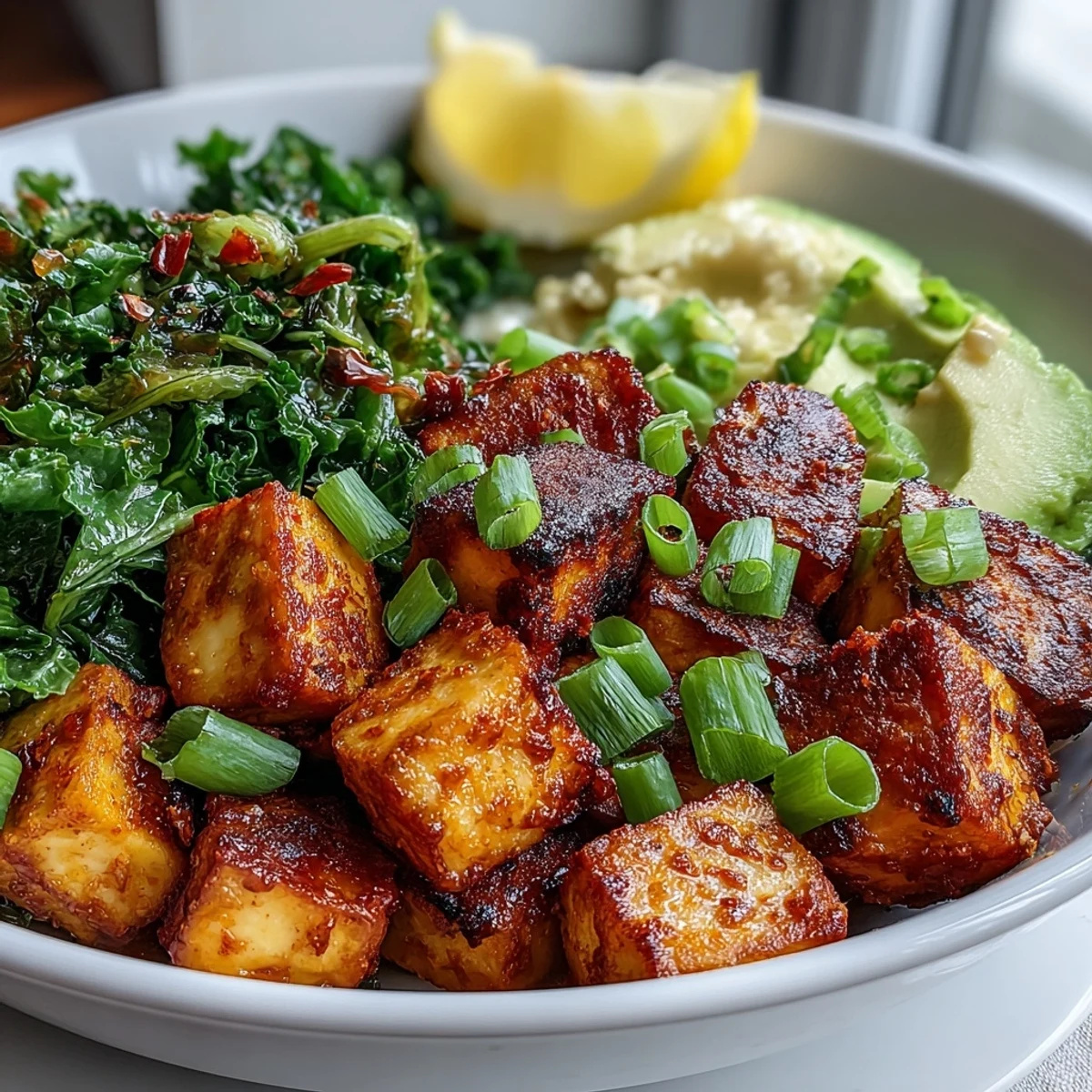 Mouthwatering vegan breakfast bowl with golden tofu cubes, bright green kale, sliced avocado, lemon wedges, and a sprinkle of nutritional yeast. 