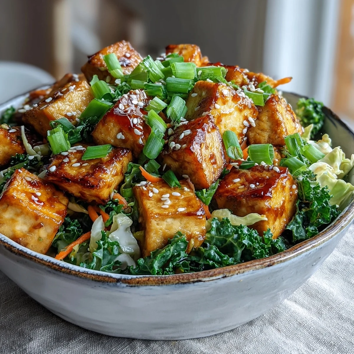 Golden, crispy tofu cubes tossed with tender cabbage, kale, and carrots in a savory sesame sauce for a vibrant vegan dinner.