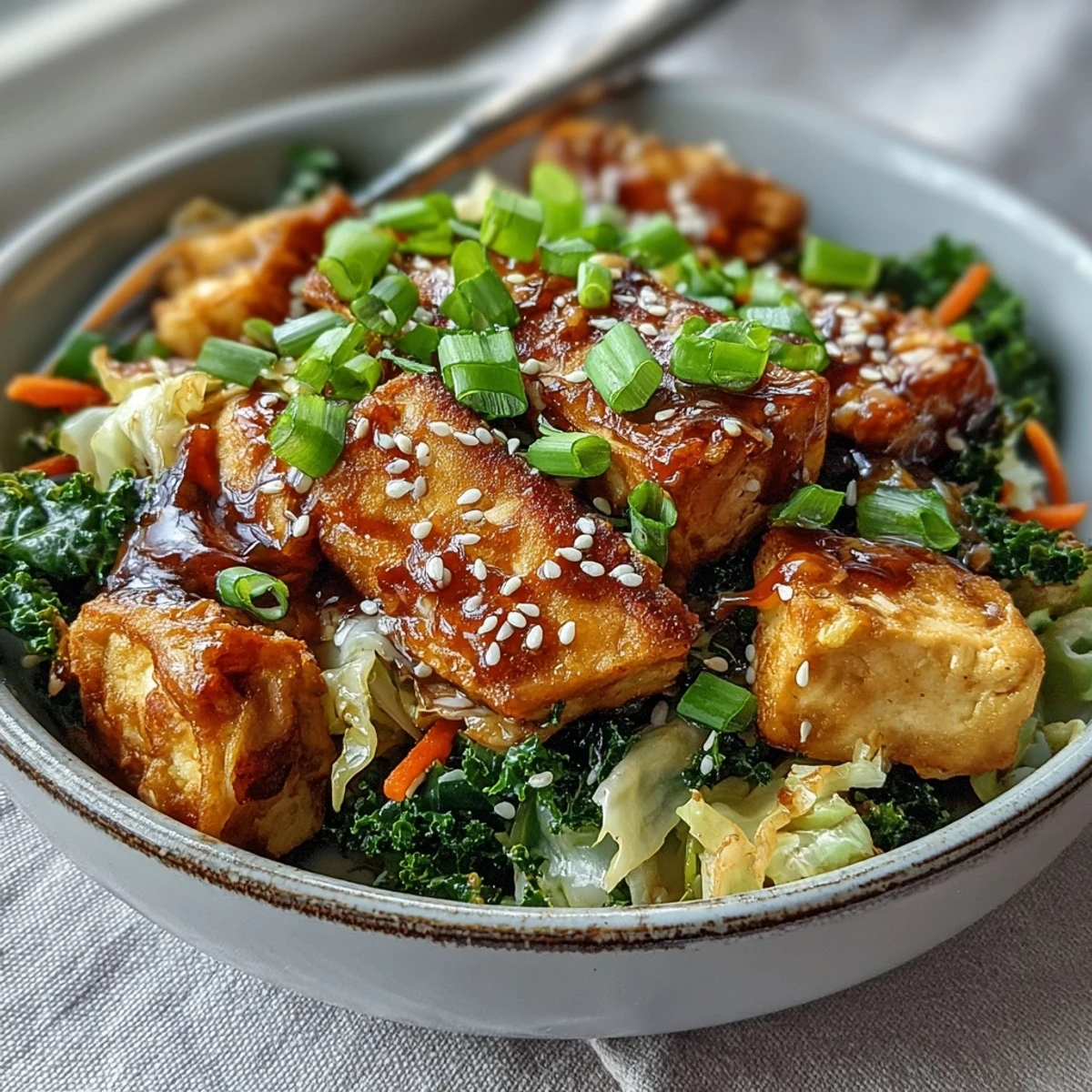 Close-up of a quick Tofu Egg Roll in a Bowl recipe featuring wilted spinach and a glossy umami sauce, perfect for meal prep.