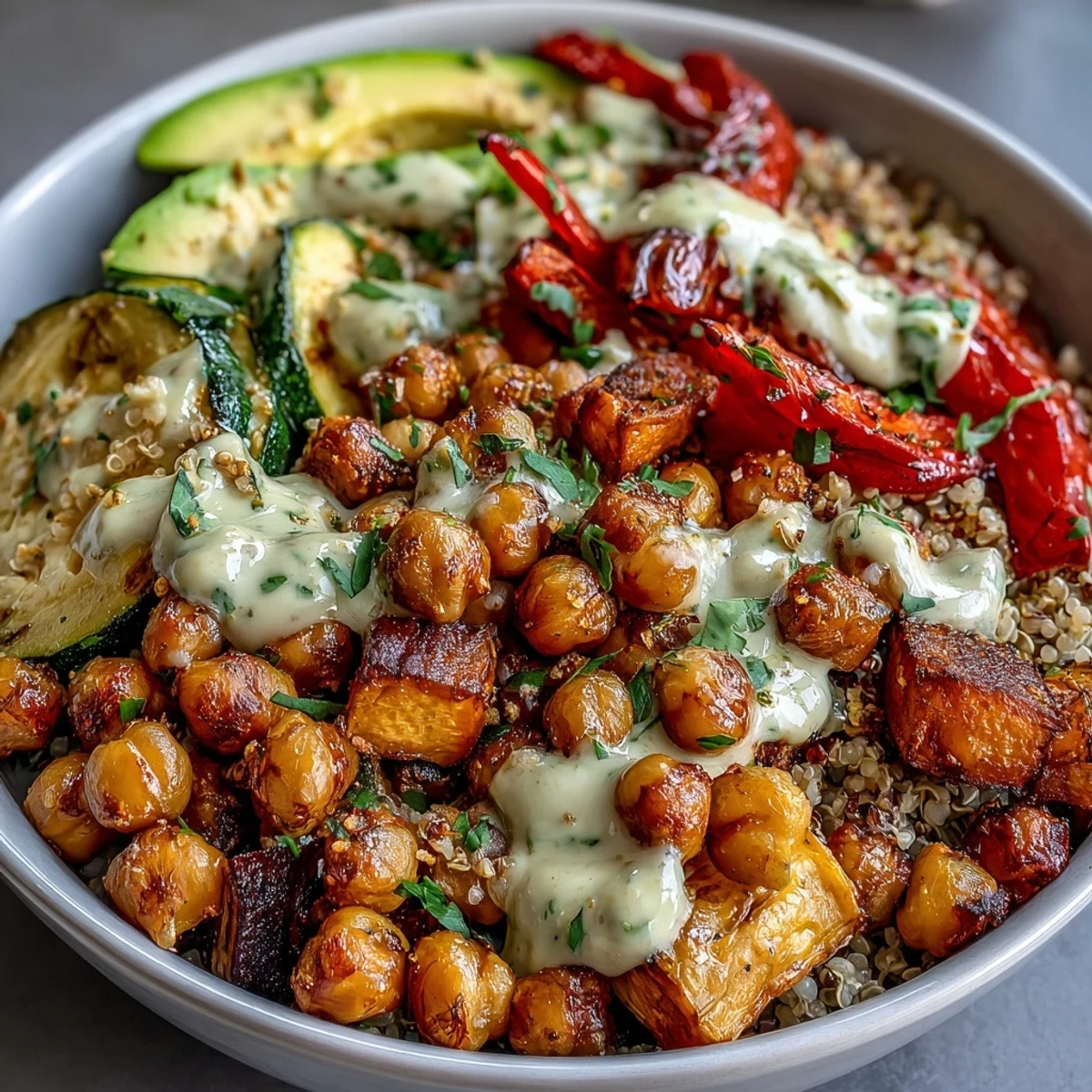 Roasted Chickpea Power Bowl topped with creamy tahini dressing, sliced avocado, and fresh parsley on a white plate.