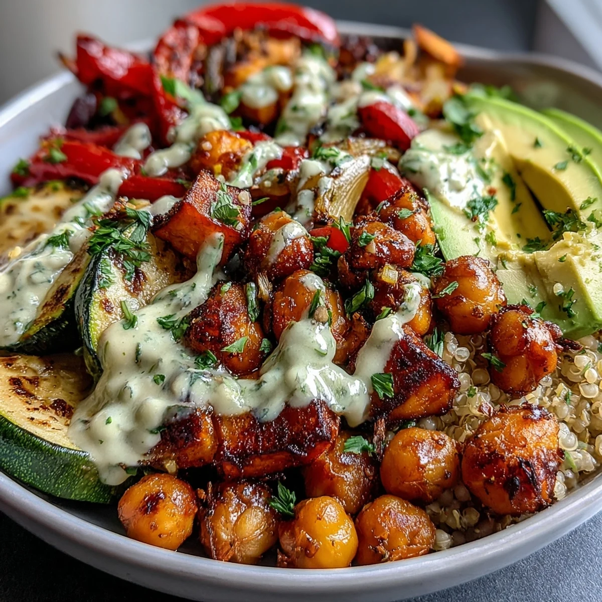 Close-up of crispy Roasted Chickpea Power Bowl ingredients with quinoa, roasted sweet potato, and bell peppers.