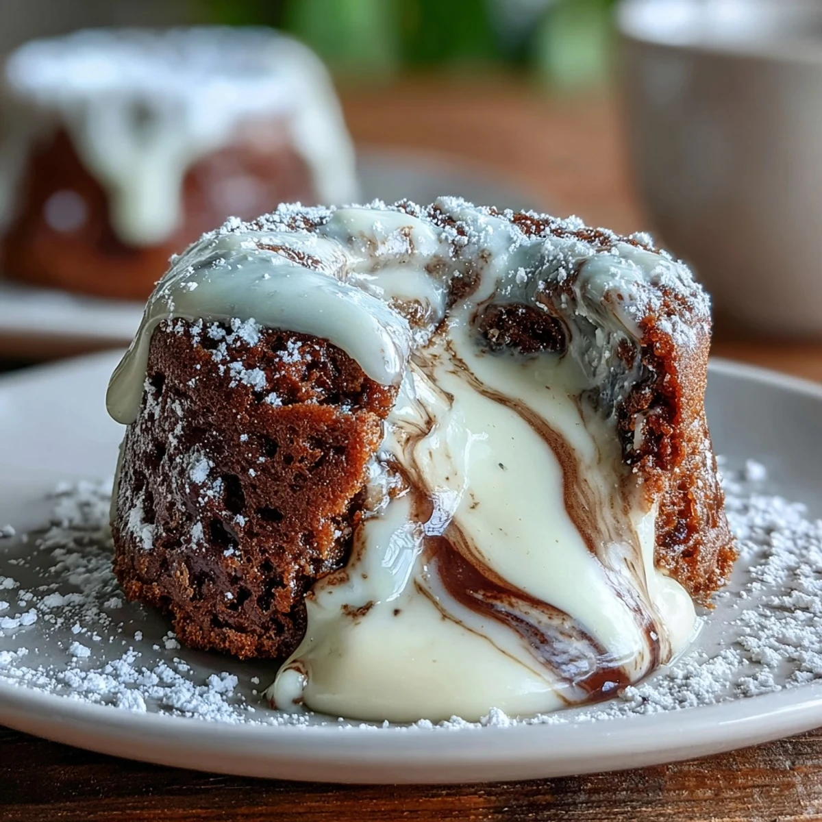 Individual Japanese fusion lava cakes made with roasted green tea powder, presented on a rustic table setting for dessert.